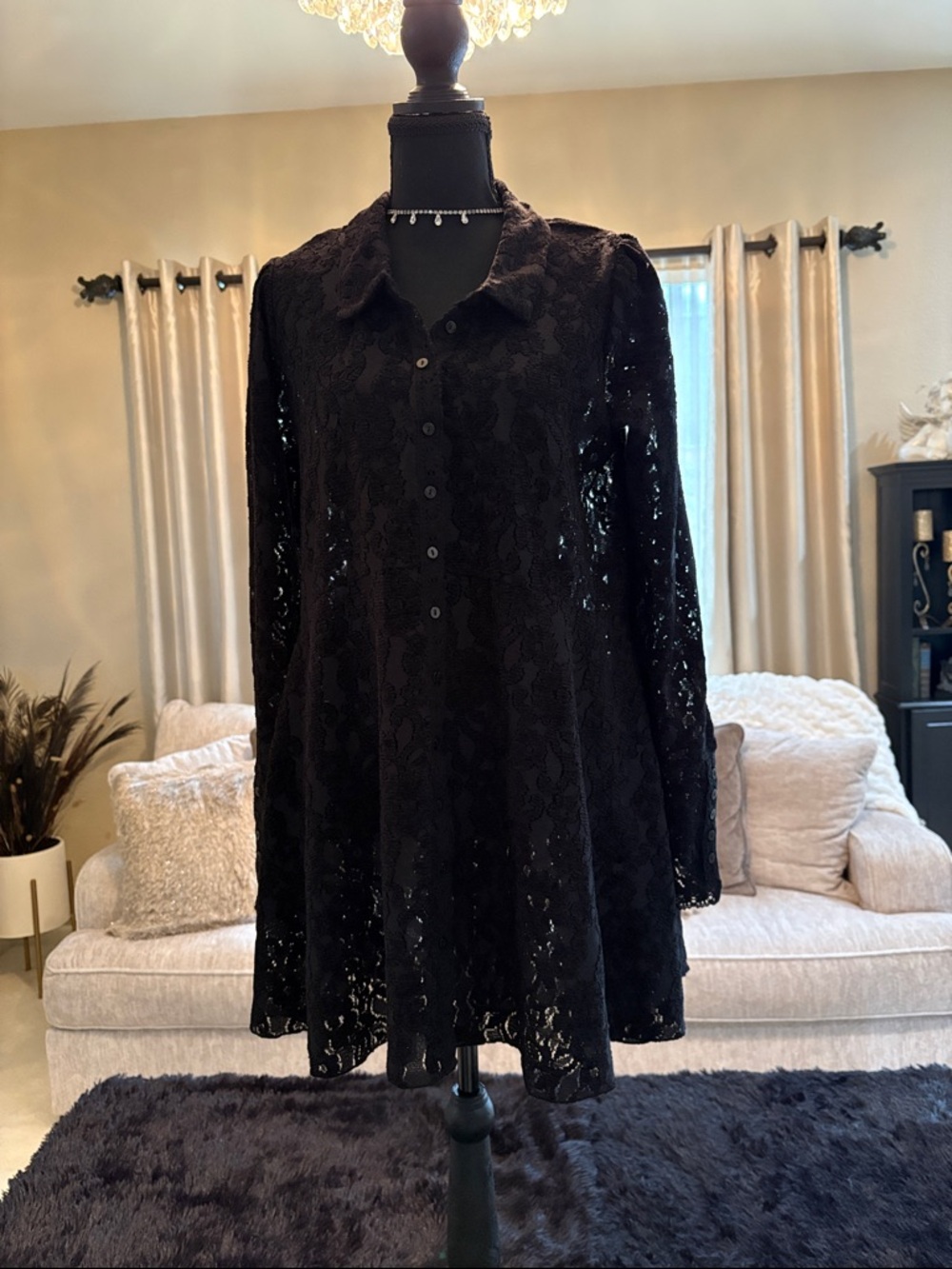 Black Lace Button-Front Women's Dress by Free People